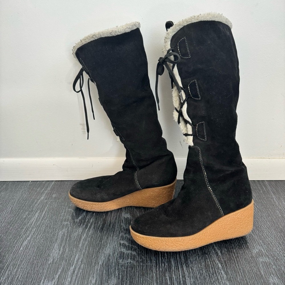 Michael Kors Black Suede Tall Lace Up Boots Sherpa Wedge size 7